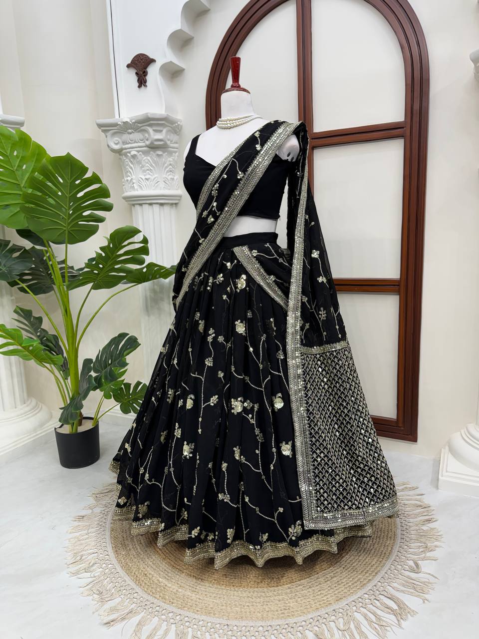 Midnight Black Georgette Lehenga Choli Adorned with Delicate Silver Floral Vine Embroidery and Scalloped Borders
